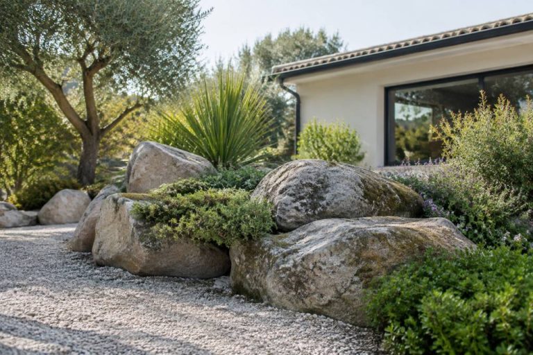 Aménagement paysager : deco jardin avec grosses pierres pour un extérieur naturel et élégant
